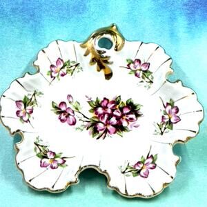 Antique Gold & White Hand Painted, Japan, One Handled, Decor Dish, Candy, 8 x 7